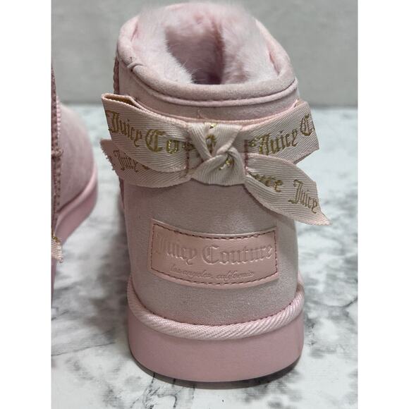 Juicy Couture Blush Pink Faux Fuzzy Ankle Booties 9 Faux Suede Bow Detail Logo - Picture 2 of 10